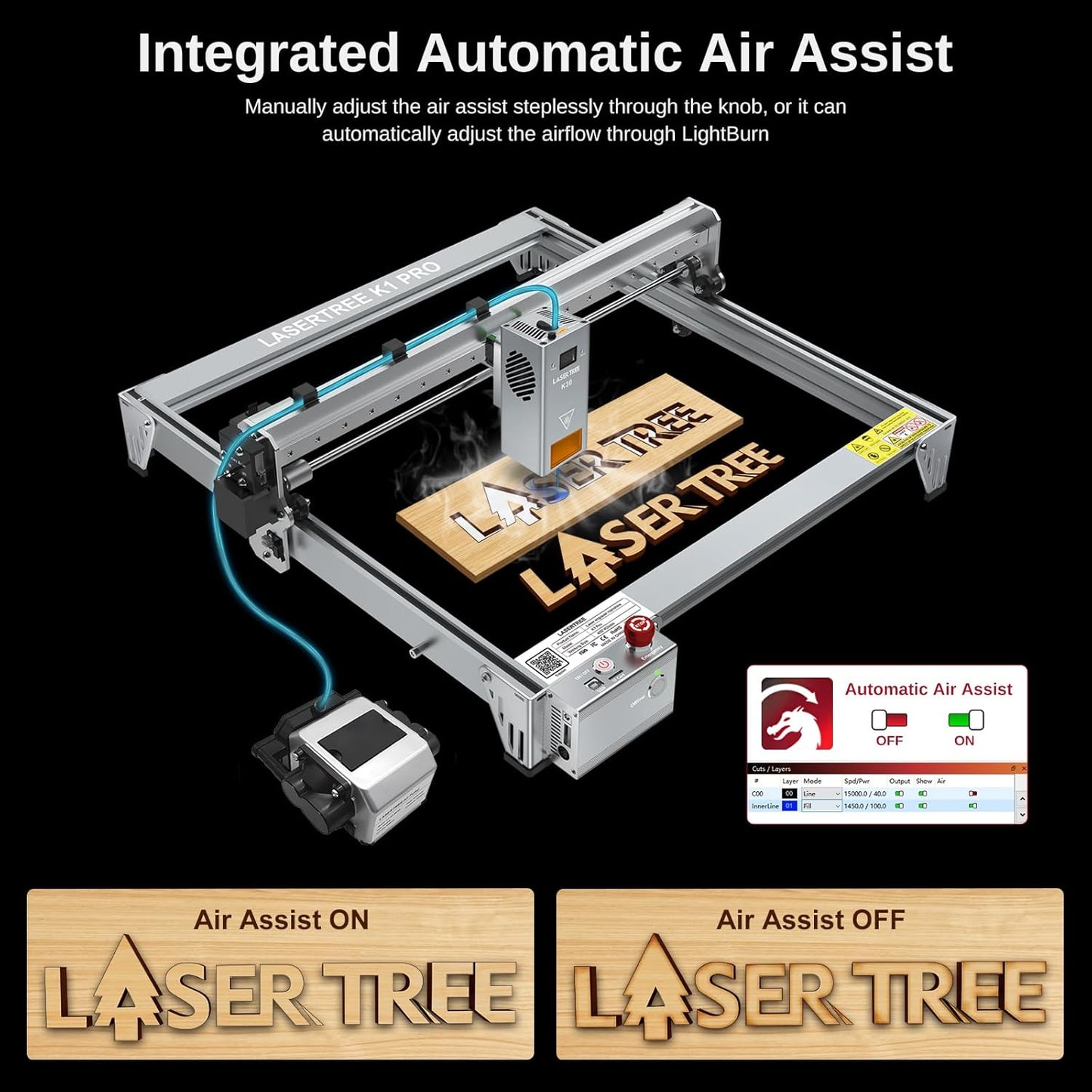 LASER TREE Laser Engraver, 30000mW（30W）Output Power Laser Engraver Machine with Air Assist Pump, High Precision Laser Cutter and Engraver for Wood & Metal Paper Acrylic Glass Leather etc，Class 4