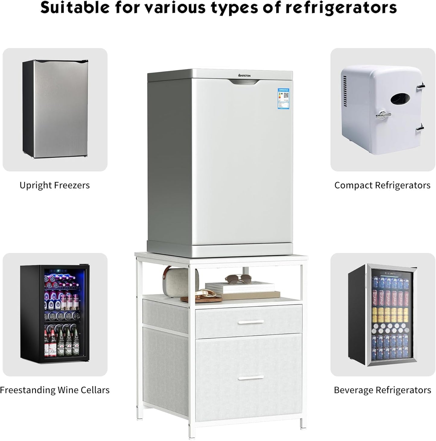 Mini Fridge Stand with 3 Storage, Mini Fridge Cabinet, Beverage Fridge Table, Heavy Duty 21.3" L* 22.7" W Tabletop, for Dorm, Apartment,Office, Bedroom White HB01BXW