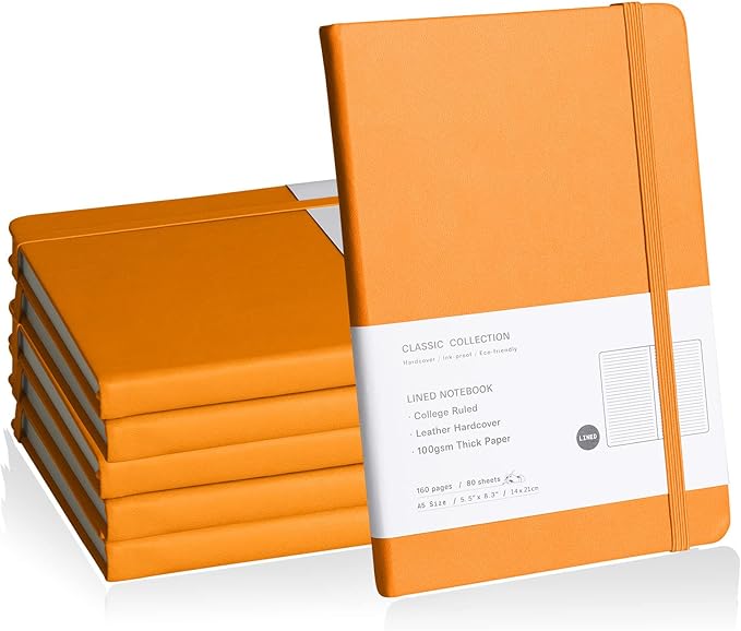 Lined Journal Notebook, 6Pack(Orange), 160 Pages, Medium 5.7 inches x 8 inches - 100 gsm Thick Paper, Hardcover