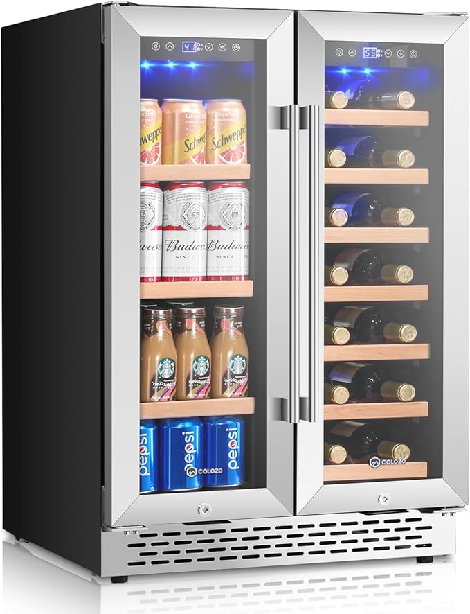 24 Inch Wine and Beverage Refrigerator Under Counter, Dual Zone 20 Bottles & 88 Cans Beverage Fridge with Stainless Steel Tempered Glass Door, Built-in/Freestanding Mini Fridge for Office/Bar/Kitchen