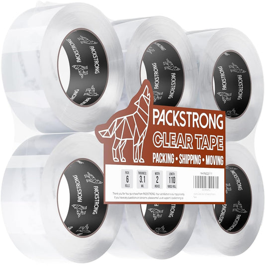 Packstrong Industrial Grade Clear Packing Tape 6 Rolls - Extra Strong - 110 Yards per Roll - 2" Wide x 3.1 mil Thick, Acrylic Adhesive Heavy Duty Tape for Box Office Moving Packaging Shipping