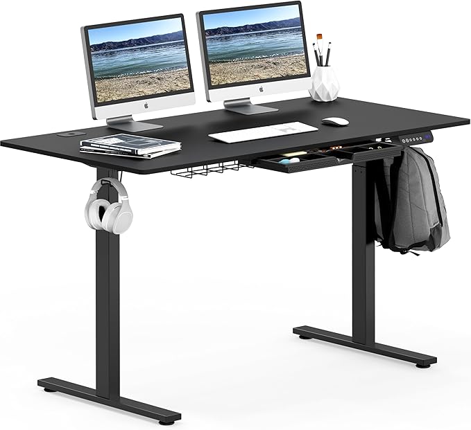 SHW 55 x 28 Inches Electric Height Adjustable Standing Desk with Drawer and Memory Preset, Black