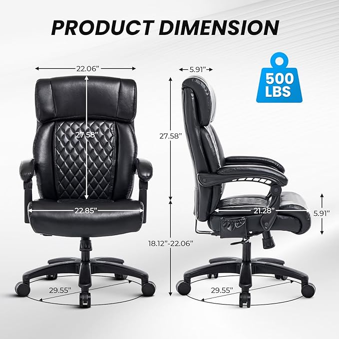 Lumbar Massage Office Chair, 500LBS Big and Tall Office Chair, Heavy Duty Ergonomic Executive Reclining Chair with High Back and Lumbar Support, Black