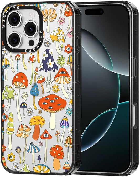 MOSNOVO Case for iPhone 16 Pro Max, [10ft 4X Military-Grade Drop Protection] Durable & Shockproof Phone Case Cover Design for iPhone 16 Pro Max - Mushroom Art - Clear Black