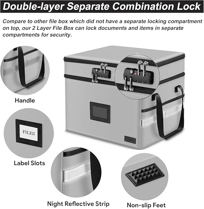 Fireproof Document Box with Lock, 2-Layer File Box Storage Organizer with 5 Tabs& Insert, Portable File Cabinet Storage Box with Handle for Hanging Letter/Legal Size Folder/Certificate, Silver Grey