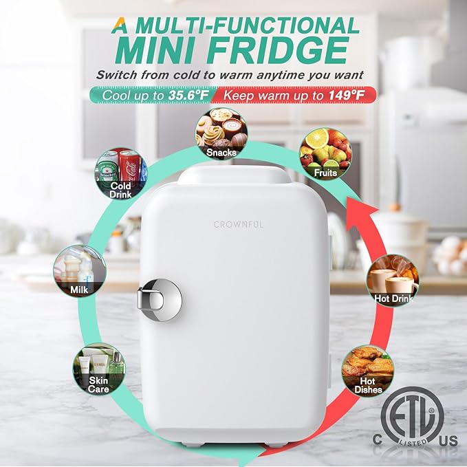 CROWNFUL Mini Fridge, 4 Liter/6 Can Portable Cooler and Warmer Personal Refrigerator for Skin Care, Cosmetics, Beverage, Food,Great for Bedroom, Office, Car, Dorm, ETL Listed (White)