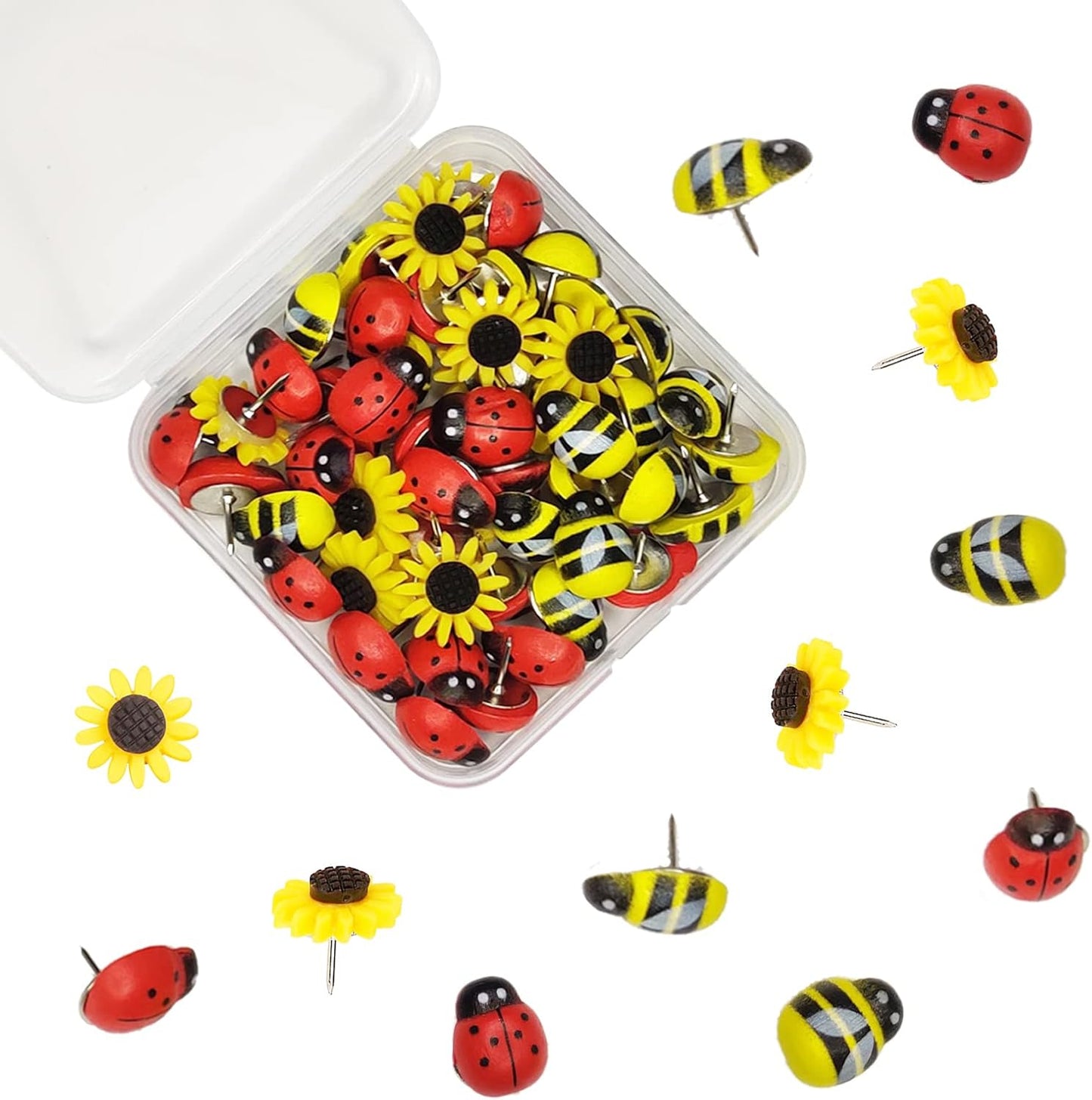 50 Pcs Animal Push Pins, DANUDON Bee Pushpins Sunflower Thumbtacks Decorative Bumble Bee Shaped Floret Thumb Tacks Decorations for Photo Wall Memo Cork Board Bulletin Board Map with Box