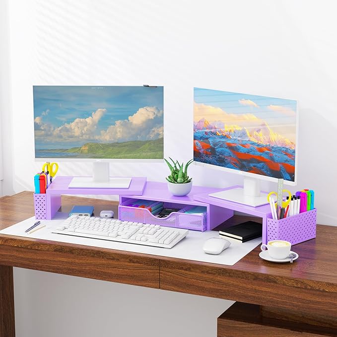 Spacrea Metal Desk Organizers and Accessories, Dual Monitor Stand Riser with Drawer and 2 Pen Holders, Desk Accessories & Workspace Desktop Organizers for Office Supplies (Purple)