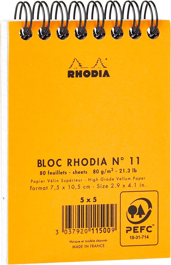 RHODIA 11500C - Spiral Notebook (Full Bound) Orange - A7 - Small Squares - 80 Detachable Sheets, 80G Clairefontaine Paper - Classic Soft Coated Card Cover