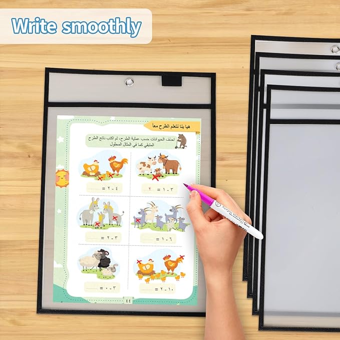 Ufmarine 30 Pcs Dry Erase Pocket Sleeves Black, Job Ticket Holders (10" * 13"), Reusable Plastic Sleeves for Teacher Classroom