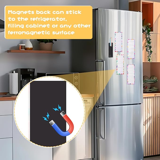4 Pack Magnetic Note Pad for Fridge with Pen Holder, Totally 200 Sheets Grocery List Magnet Pad for Refrigerator Magnetic Shopping List Pad（Floral Design）