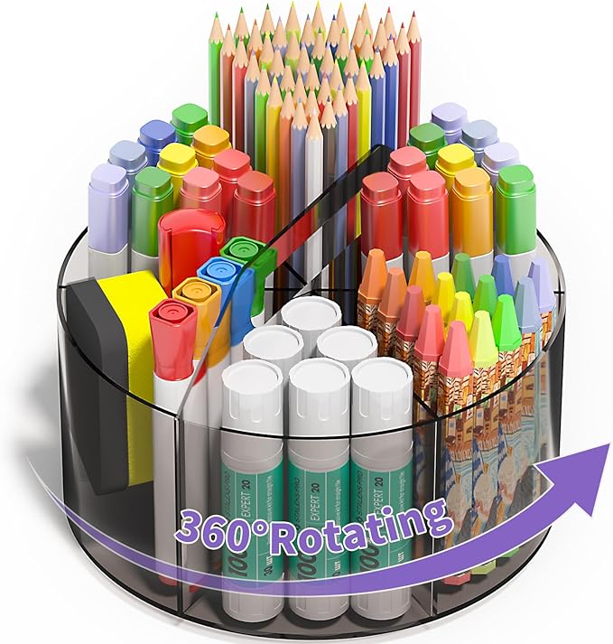 Acrylic Pen Organizer, 360 Degree Rotating Desk Organizer with 6 Compartments Crayon Holder for Office, School, Home, Art Supply, Grey