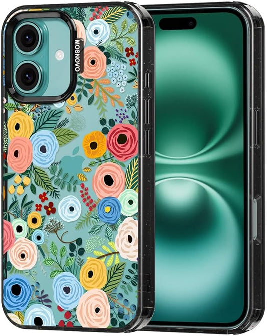 MOSNOVO Case for iPhone 16, [10ft 4X Military-Grade Drop Protection] Durable & Shockproof Phone Case Cover Design for iPhone 16 - Pastel Floral Garden - Clear Black