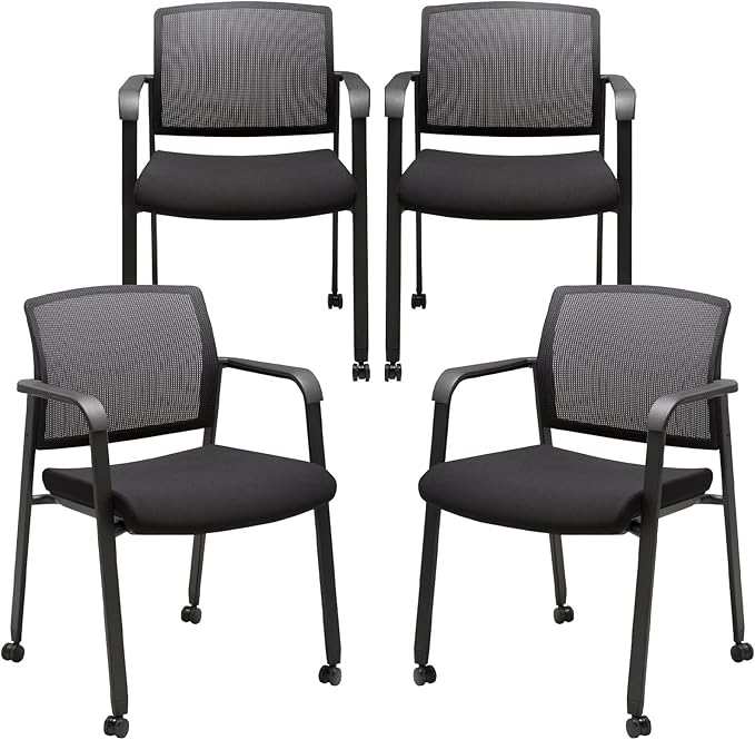 CLATINA Mesh Back Guest Reception Arm Chairs with Wheels, Waiting Room Chairs with Upholstered Fabric Seat and Ergonomic Lumbar Support for Office