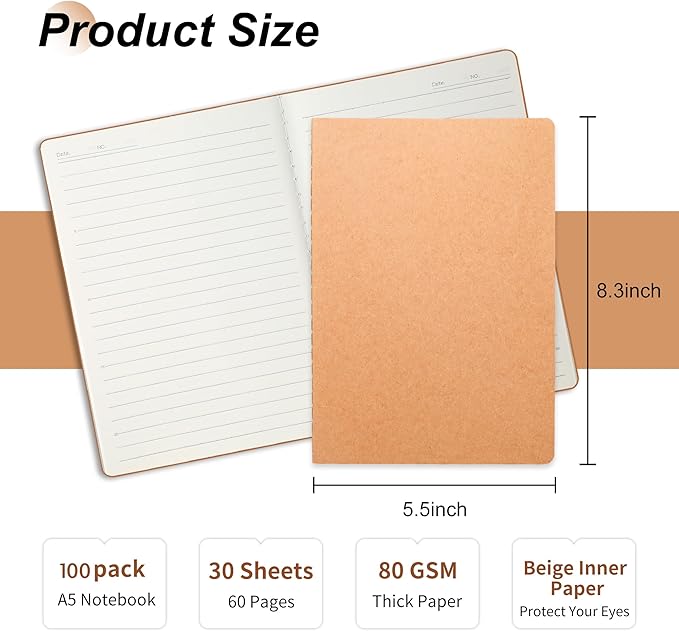 miikoul 100 Pack A5 Kraft Paper Notebook Lined Journal Bulk, 8.3 x 5.5 Inch, 60 Pages/30 Sheets, 80GSM, Travel Notebook Notepad for Adult, Students, Gift, School, Office Supplies