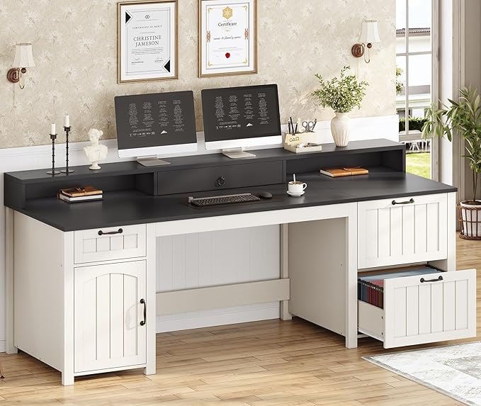 SEDETA Farmhouse 63" Executive Desk, Home Office Desk with File Drawer and Monitor Stand, Computer Desk with Drawers and Storage Cabinet, Wood Desk for Work Study Writing, White