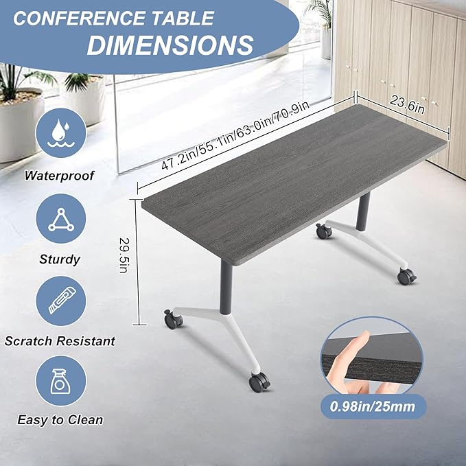 Folding Conference Table, Mobile Training Table for Office Conference, Modern Modular Rectangular Work Desk Meeting Seminar Work Tables with Caster Wheels, Large Breakroom Tables (2Pack L55.1in)