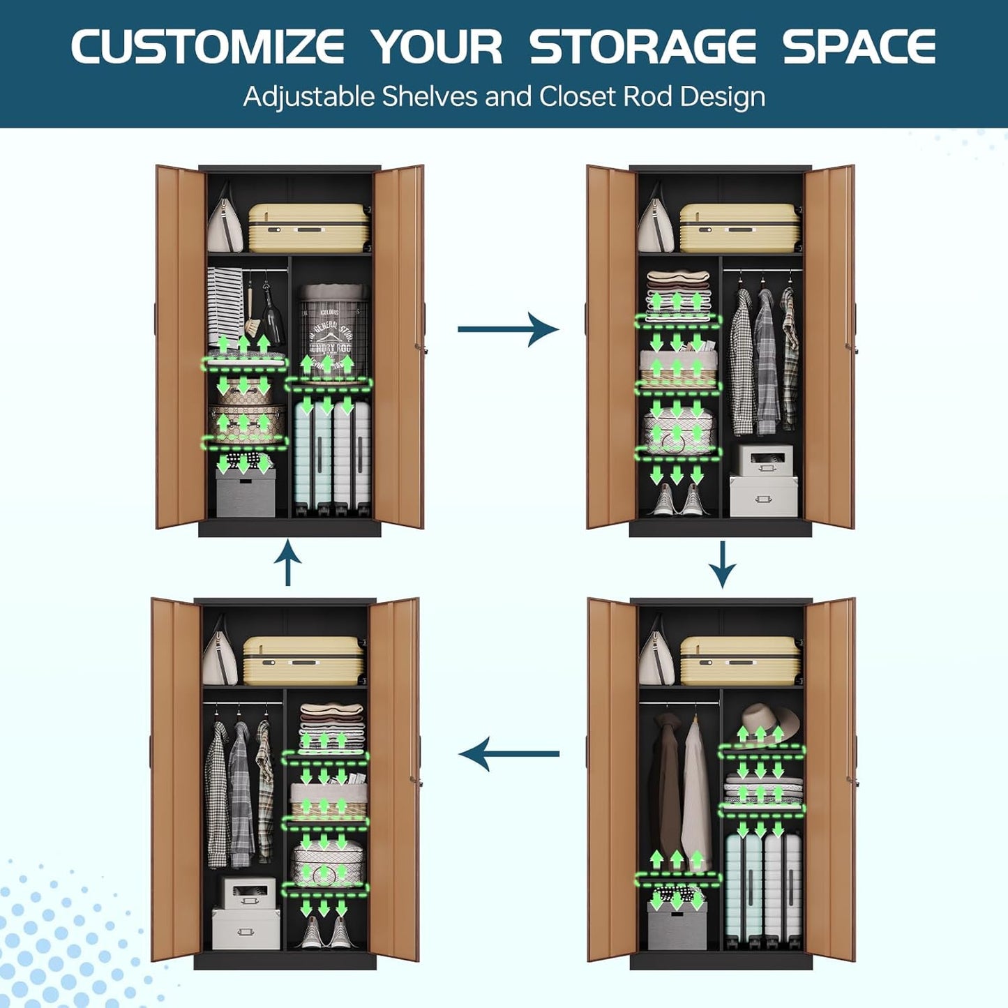 MIIIKO Metal Wardrobe Cabinet with Locking Doors, Metal Storage Armoire Closet for Clothing, 2 Door Woodgrain Locker Cabinet with Adjustable Shelves for Bedroom, Locker Room, Home Office and Garage…