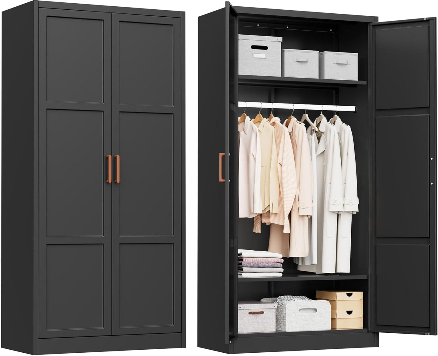 INTERGREAT Metal Storage Cabinet with Hanging Rail, Black Armoire Wardrobe Closet with 2 Doors,72" H Storage Closet Cabinets with Adjustable Shelves and Removable Hanging Rods