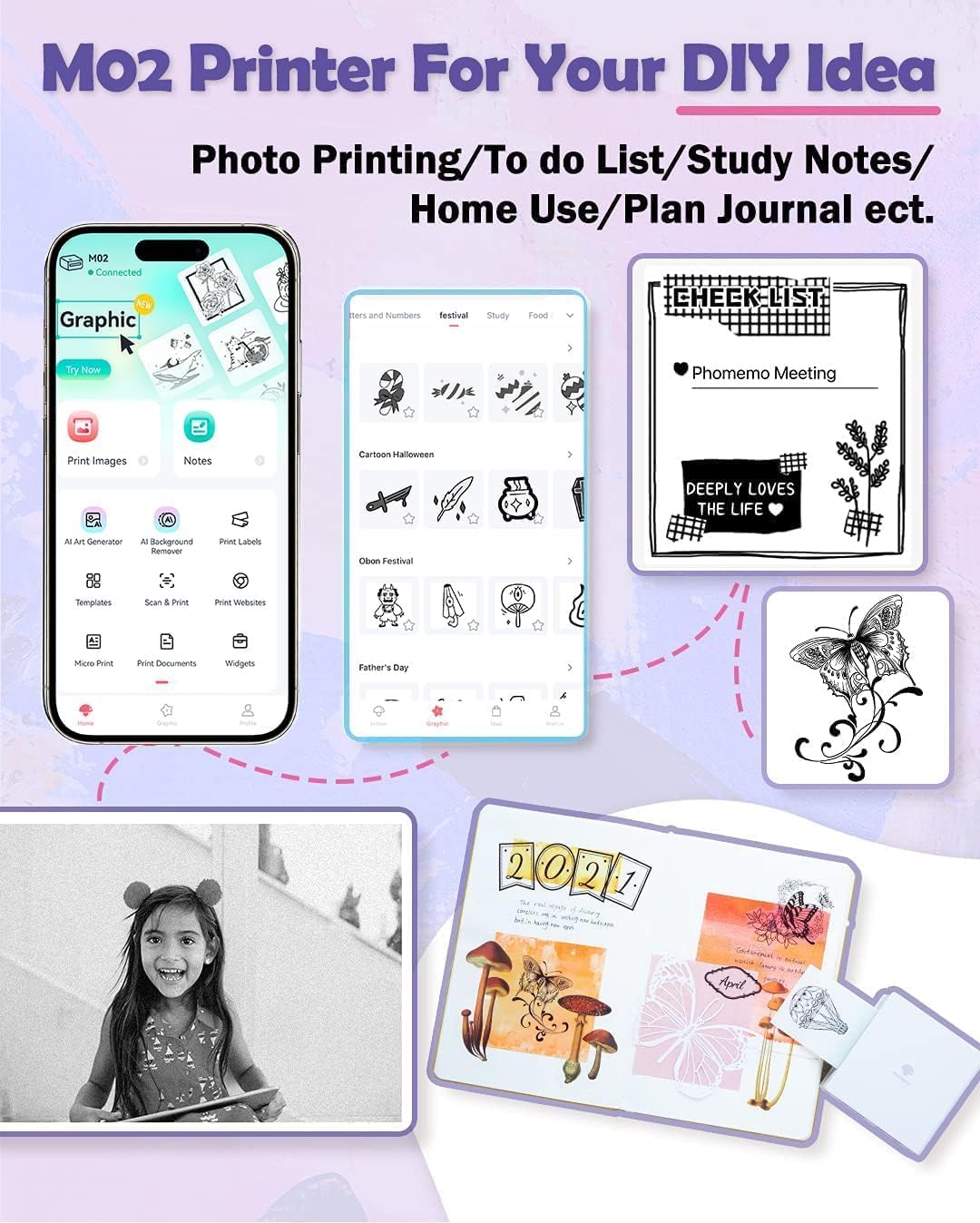 Phomemo Sticker Printer- Mini Thermal Sticker Printer Machine, Small Pocket Label Maker Instant Print for DIY Creation, Study Notes, Photos, Portable Inkless Photo Maker for Kids/Students, Purple