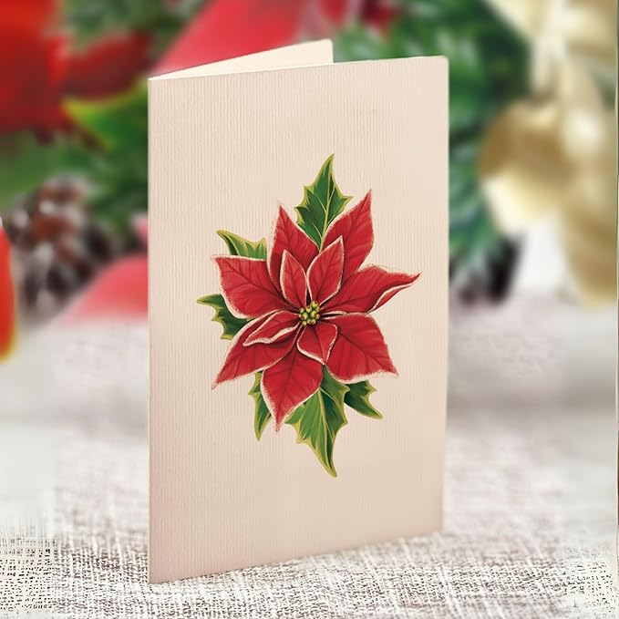 Freshcut Paper Pop Up Cards, Mini Birch Poinsettia (Set of 2), 6 Inch Mini Sized Forever Flower Bouquet 3D Popup Greeting Card, Christmas Cards, Holiday Card, Blank Notecard & Envelope