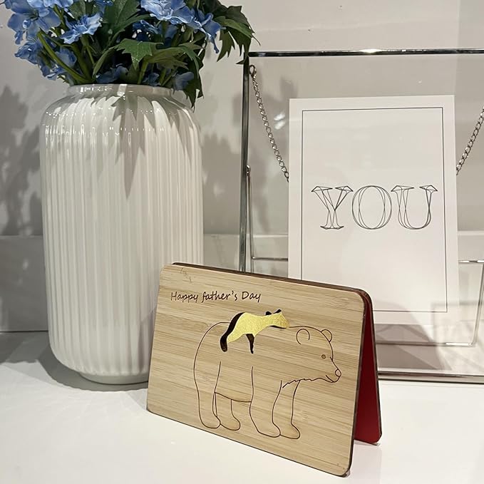 Fathers Day Cards,Handmade Bamboo Greeting Cards,Wooden Thankyou Card,Father's day Card for Dad,Bear dad