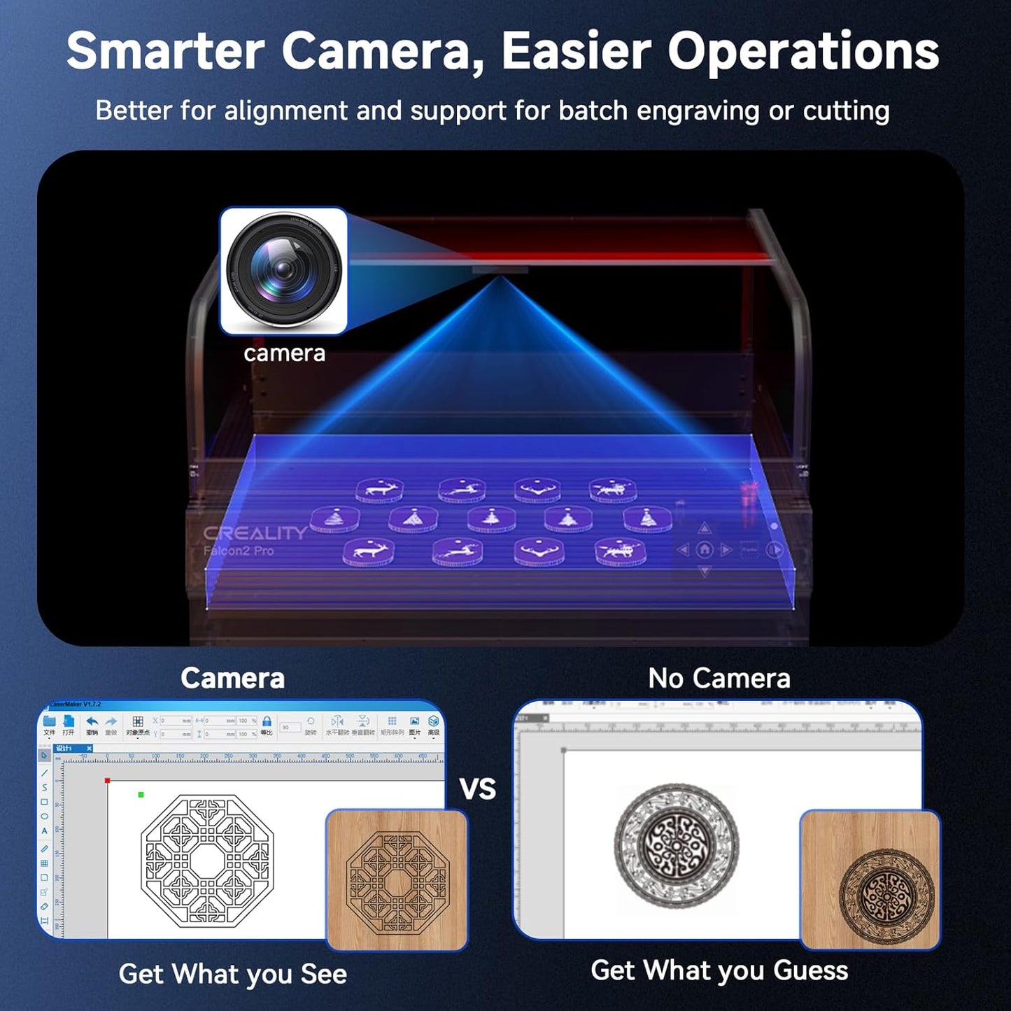 Creality Laser Engraver Enclosed, Falcon2 Pro 60W Output Laser Engraving Machine, 25000mm/min Speed Laser Cutter with Air Assist, Auto Fan, Camera Positioning for Wood and Metal