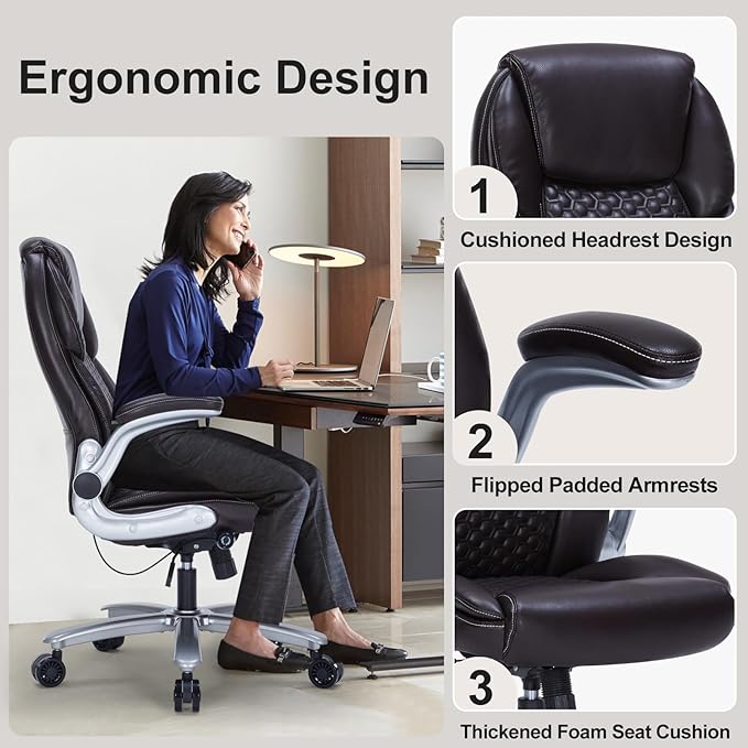 Home Office Chair, Executive Comeputer Desk Chair Ergonomic Office Chair with Adjustable Lumbar Support, Tilt Lock, PU Leather, Swivel Rolling Chair for Gaming Adult Working Study-Brown