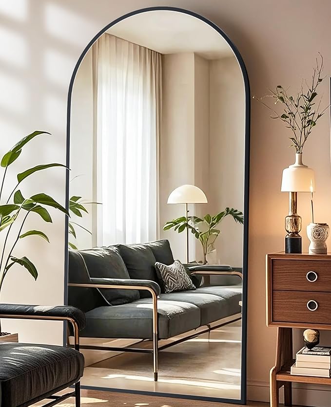 SUNQUEEN 71"×32" Mirror Full Length, Arched Full Length Mirror with Stand, Standing Floor Mirror Wall, Hanging or Leaning Large Full Body Mirrors for Bedroom Living Room (Black)