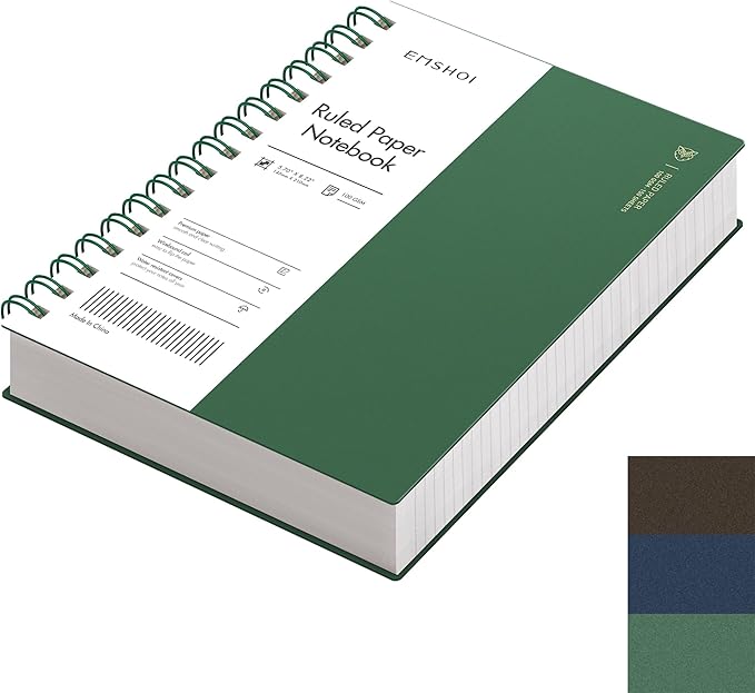 EMSHOI A5 Spiral Notebook College Ruled Lined Journal, Small 5.7" X 8.22", 300 Pages/150 Sheets, 100gsm Thick Paper, Waterproof Hardcover, for Office School Women Men Work Writing Notes, Green