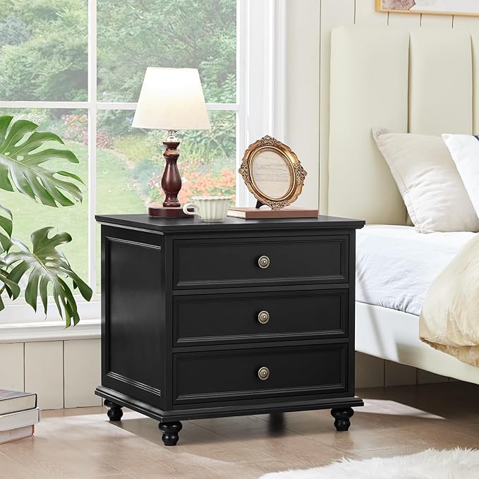 24" Wide Farmhouse Night Stand Set of 2,Large End Table with 3 Drawers & Metal Handle,Wood Dresser for Bedroom Cabinet, Bed Side Table Chest of Drawers,Nightstand for Living Room,Closet,Black