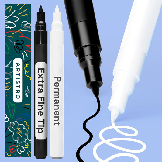 ARTISTRO 2 Black & White Permanent Marker - Waterproof Markers for Tire, Fabric, Rocks, Glass, Ceramic, Wood, Paper - Oil Based Paint Pens - Extra-Fine Tip 0.7mm
