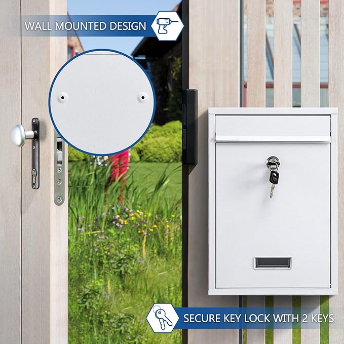 KYODOLED Key Lock MailBoxes for Outside, Locking Wall Mount Mailbox, Security Key Drop Box for Letters Newspapers, Cards, 12.4H x 8.54L x 3.35W Inches, White