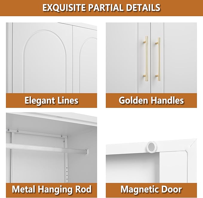 Metal Armoire Wardrobe Closet with Drawer, Freestanding Wardrobe Cabinet with Hanging Rod, Large Clothing Storage Cabinet with Doors for Bedroom, 18" D x 32" W x 86" H, White, Assemble Required