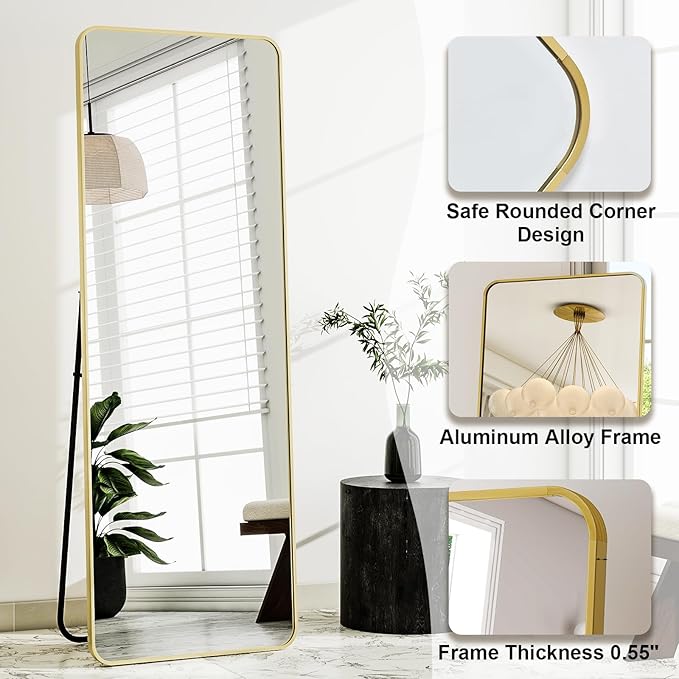 HARRITPURE 56" x 21" Rounded Full Length Mirror Aluminum Frame Gold Mirror Full Length Floor Mirror with Stand for Living Room Bedroom Cloakroom