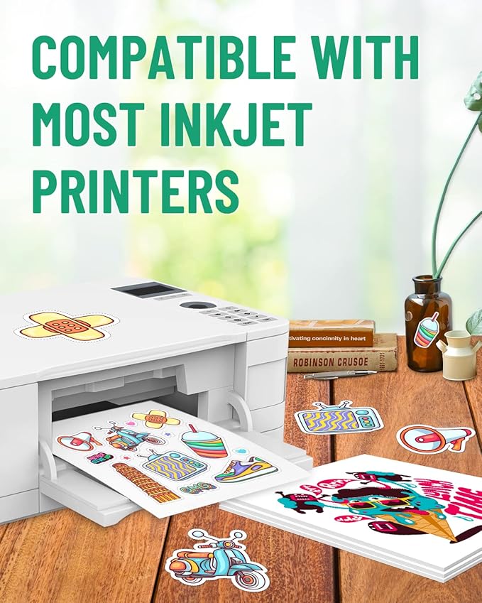 Lzerking Printable Vinyl Sticker Paper for Inkjet Printer - Matte White 60 Sheets Self-Adhesive Waterproof Decal Printable Sticker Paper - Standard Size 8.5x11 Inches