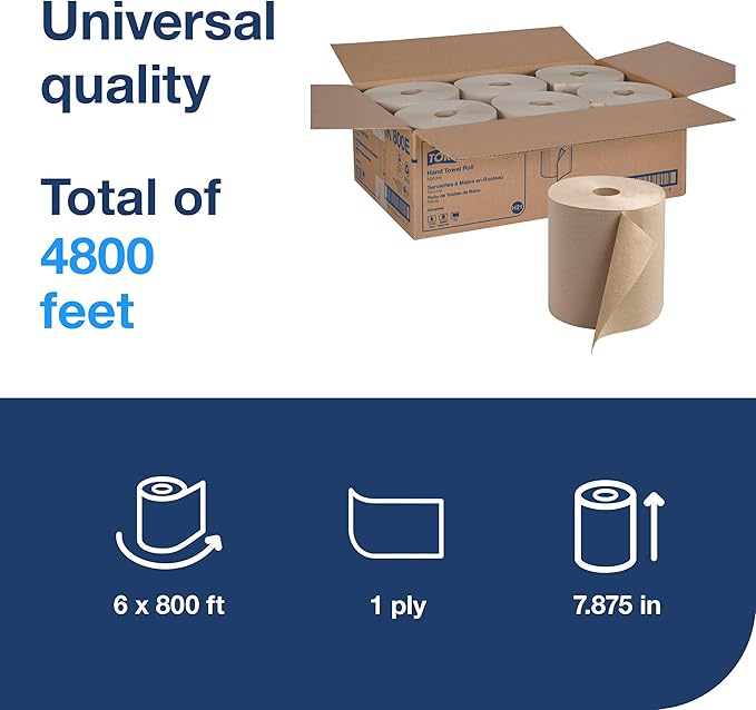 Tork Paper Towel Roll Natural - Universal Hand Roll, Natural Paper Towels with Brown Tissues made of 100% Recycled Fiber, 6 Rolls x 800 ft, Compatible with H21 Dispenser, RK800E
