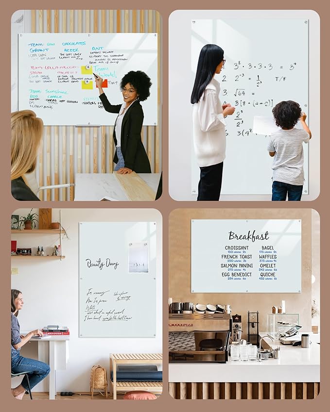 Magnetic Glass Whiteboard，72"x48" Wall Mounted Frameless Dry Erase Board for Office, Home & School White