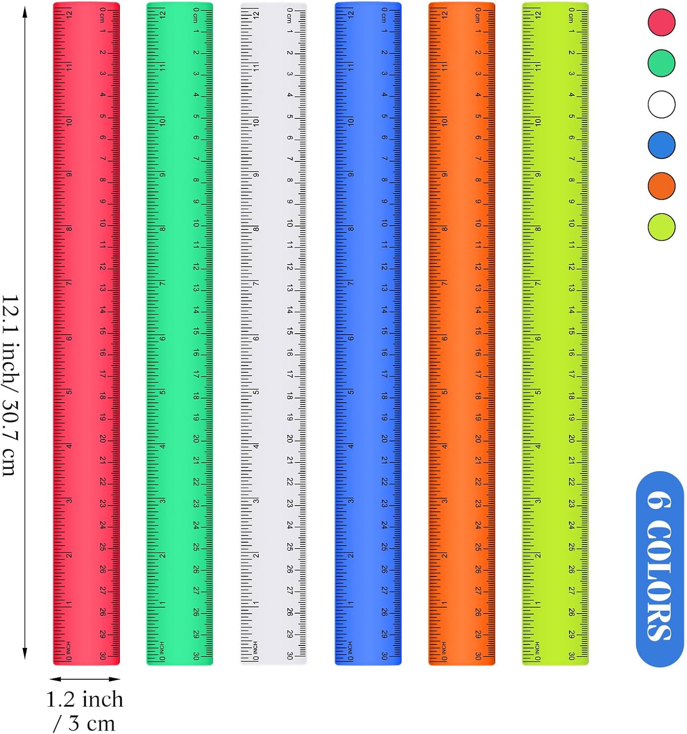 Zonon 6 Pcs 12 Inch Ruler Bulk Colorful Plastic Flexible Straight Metric Rulers with Centimeters and Inches Drafting Measuring Tool for Classroom School Students Education