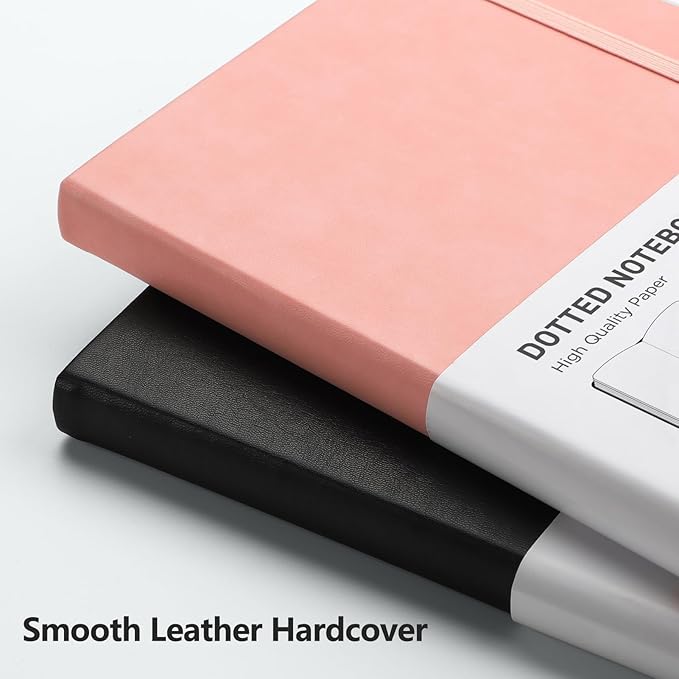 RETTACY Bullet Dotted Journal Notebook, 2-Pack, 160 Numbered Pages per Pack, A5 Medium Size (5.7'' x 8.3''), 120 GSM Thick Paper, Leather Hardcover, for Bullet Journaling (Black & Pink)