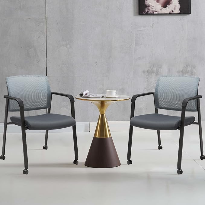 CLATINA Mesh Back Stacking Arm Chairs with Upholstered Fabric Seat and Ergonomic Lumbar Support for Office School Church Guest Reception (WithWheels Gray- 2 Pack)