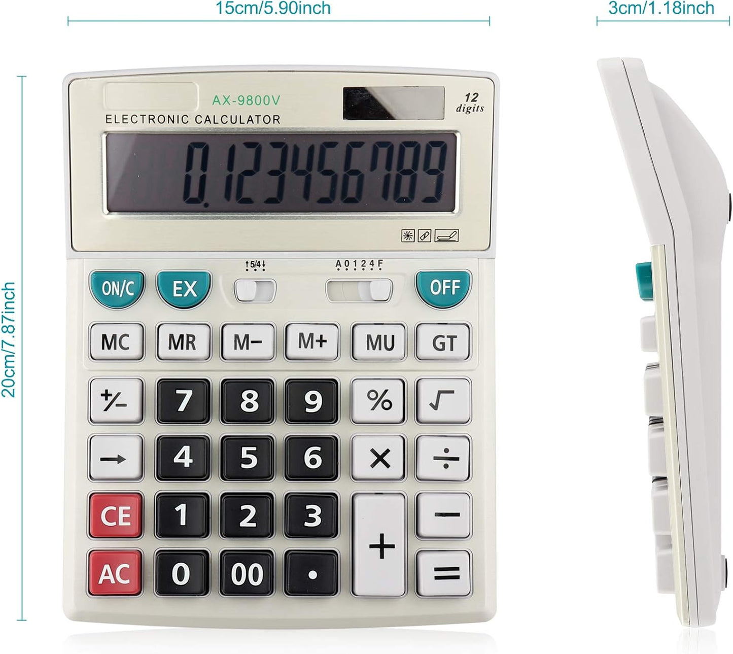 Large Computer Electronic Calculator Counter Solar & Battery Power 12 Digit Display Multi-Functional Big Button for Business Office School Calculating (HY-9800v)