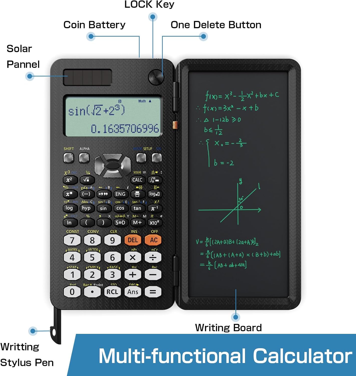 Scientific Calculators for Students 991ES Office Calculators Desktop, ROATEE 4-Line Display Calculator with Erasable LCD Writing Tablet, Solar Battery Power with Notepad Calculator for School