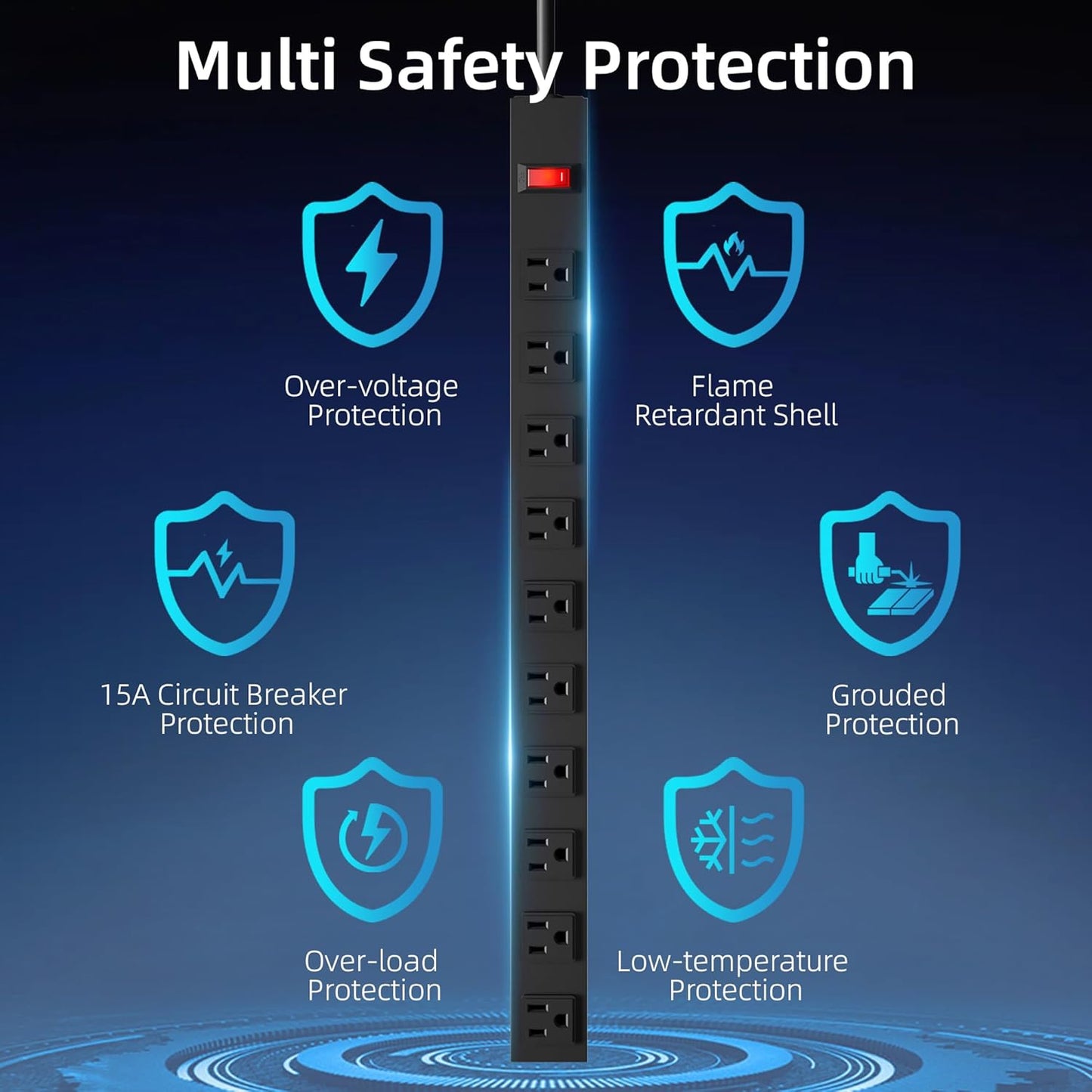 10 Outlet Metal Power Strip,8FT Long Extension Cord Heavy Duty for Kitchen,Office,School,Commercial,Workshop,Industrial,ETL Certified and Listed Socket,1825W/125V/15A,Black(8FT)