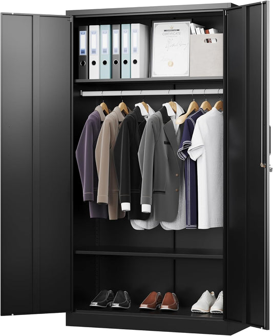 Letaya Metal Wardrobe Cabinets with Lock,Clothing Locker 72" X 36" X 18" Storage Cabinets for Home Room,Fire Department, School, Employee,Gym,Government (Black)