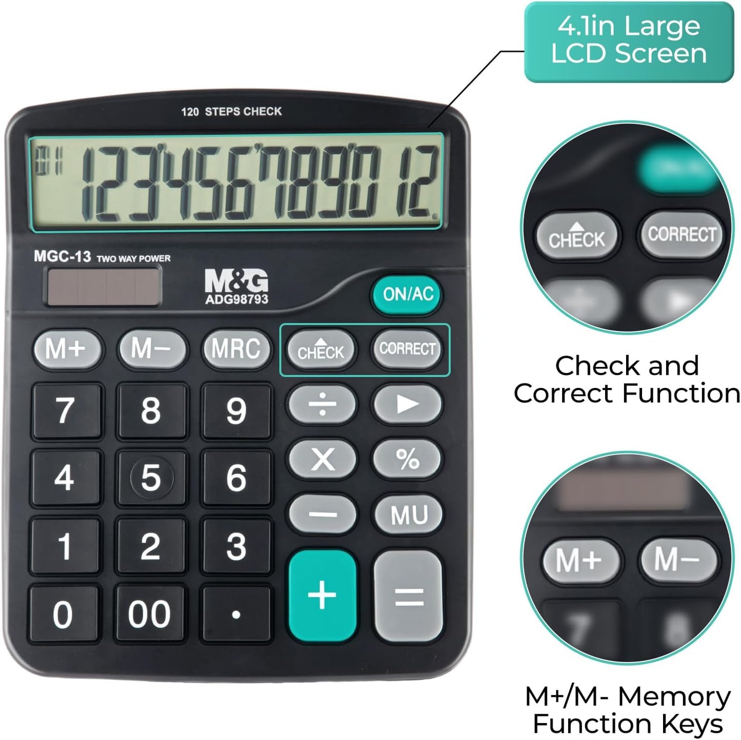 M&G Desk Calculator 12 Digit Office Calculators with Check & Correct, Dual Solar Power and Battery, Large LCD Display Business Calculator with Big Buttons Black