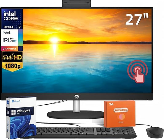 HP 27" FHD Touchscreen Business All-in-One Desktop Computer, Intel 12-Core Ultra 7 155U (Beats i7-1355U), 16 GB DDR5 RAM, 1 TB SSD, Intel Iris Xe Graphics, Wired KB & Mouse, Wi-Fi 6, Windows 11 Pro