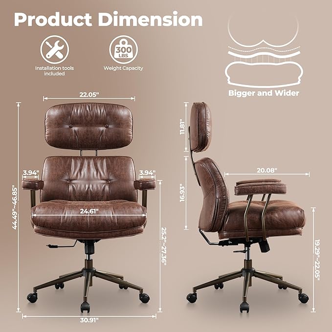 ovios Ergonomic Home Office Chair, Mid-Century Modern Faux Leather Chairs with Thickened Cushions, Comfy High Back Swivel Rolling Executive Computer Armchair (Dark Brown, Suede Leather)