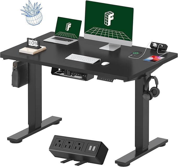 FLEXISPOT EN2 Whole-Piece Standing Desk with Clamp Power Strip, 48 x 30 Electric Stand Up Height Adjustable Desk with Cable Management (Black Frame + 48" Black Top, 2 Packages)