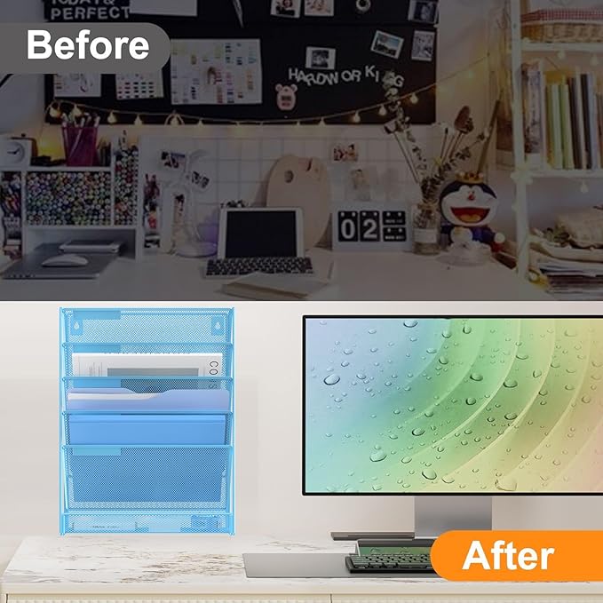 Kuntine.B Wall File Organizer Office Hanging Magazine Holder Wall File Organizer for Office Home (Blue, 6 Tier)